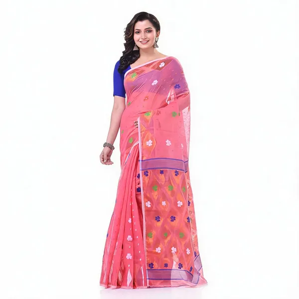 Pink_Jamdani_Handloom_Resham_Woven_Dhakai_Saree_For_Women