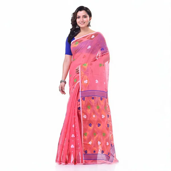 Pink_Jamdani_Handloom_Resham_Woven_Dhakai_Saree_For_Women