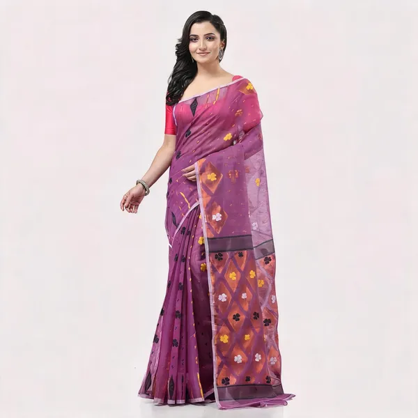 Plum_Cotton_Jamdani_Handloom_Resham_Woven_Saree_For_Women