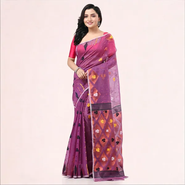 Plum_Cotton_Jamdani_Handloom_Resham_Woven_Saree_For_Women