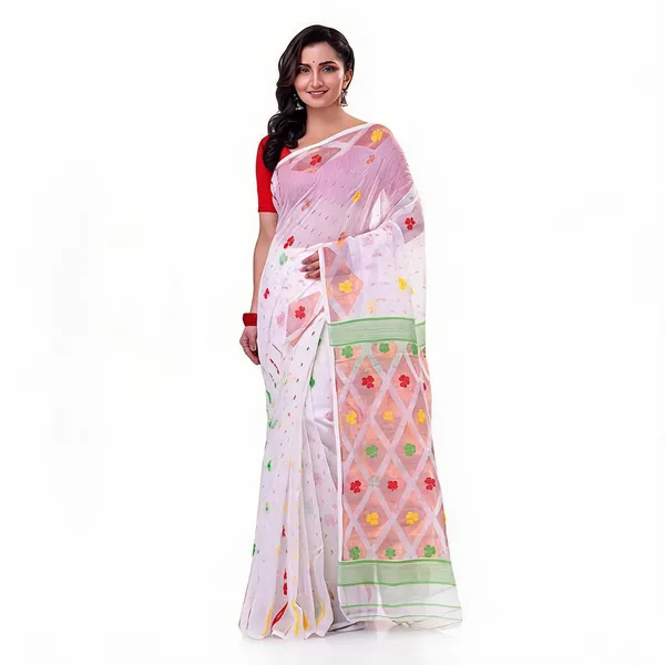 White_Jamdani_Cotton_Resham_Handloom_Saree_For_Women