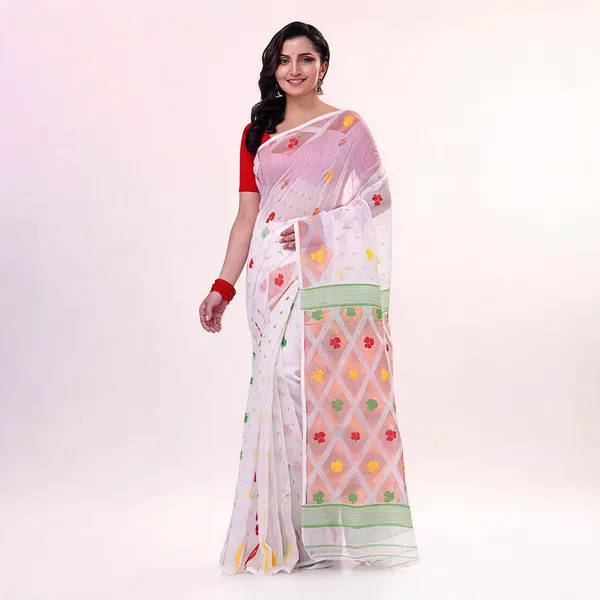 White_Jamdani_Cotton_Resham_Handloom_Saree_For_Women