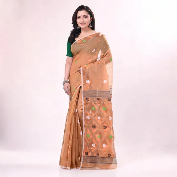 Light_Brown_Jamdani_Cotton_Handloom_Resham_Saree_For_Women
