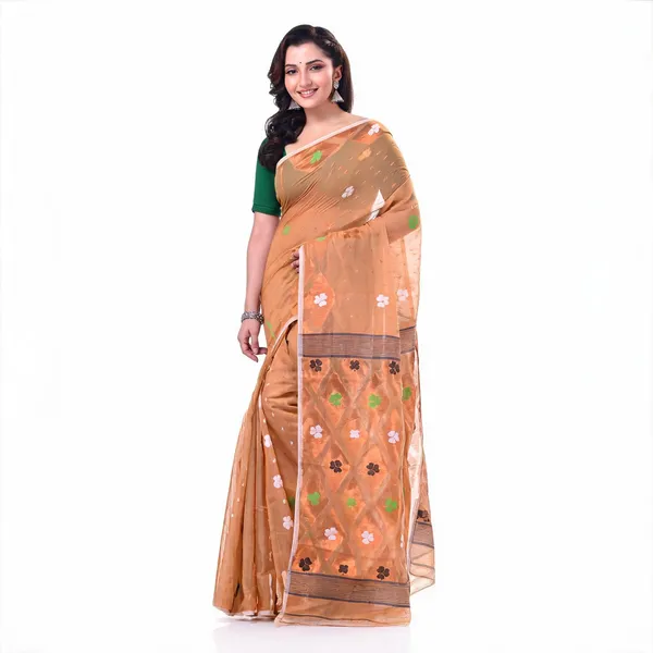Light_Brown_Jamdani_Cotton_Handloom_Resham_Saree_For_Women