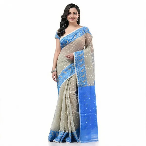Cream_Blue_Cotton_Resham_Dhakai_Jamdani_Woven_Saree_For_Women