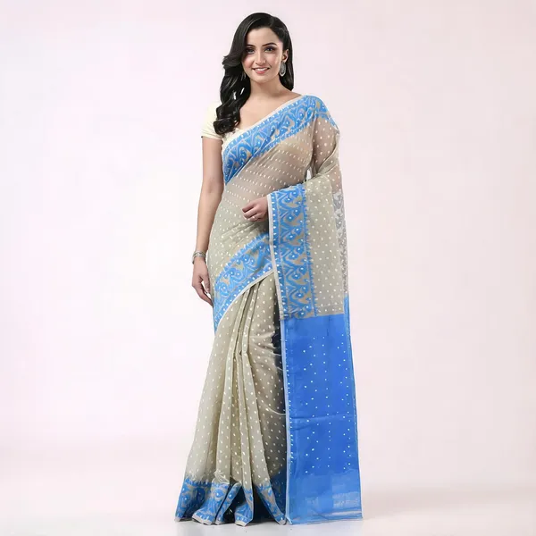 Cream_Blue_Cotton_Resham_Dhakai_Jamdani_Woven_Saree_For_Women