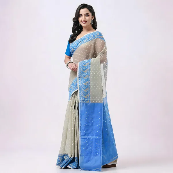Grey_Blue_Cotton_Silk_Woven_Self_Design_Jamdani_Saree_For_Women