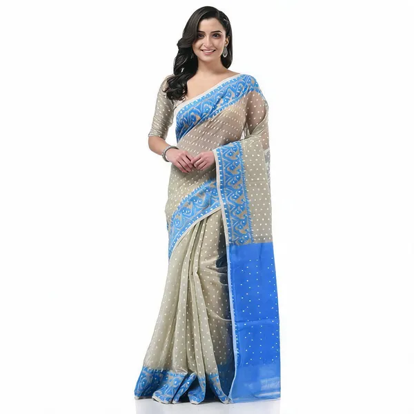 Grey_Blue_Cotton_Silk_Woven_Self_Design_Jamdani_Saree_For_Women