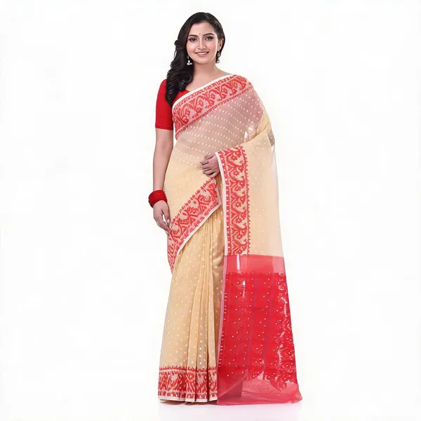 Cream_Red_Cotton_Silk_Woven_Jamdani_Saree_For_Women