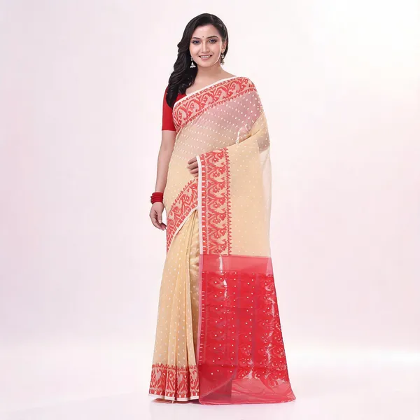 Cream_Red_Cotton_Silk_Woven_Jamdani_Saree_For_Women