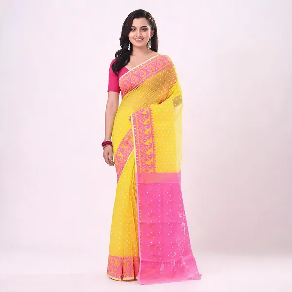 Yellow_Pink_Cotton_Woven_Dhakai_Jamdani_Saree_For_Women