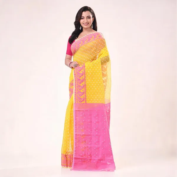 Yellow_Pink_Cotton_Woven_Dhakai_Jamdani_Saree_For_Women