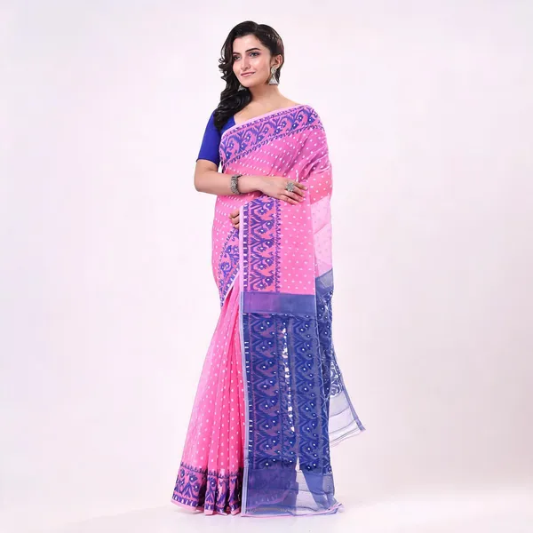Pink_Blue_Cotton_Woven_Jamdani_Self_Design_Saree_For_Women