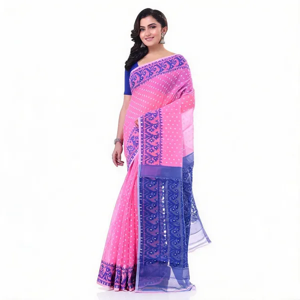 Pink_Blue_Cotton_Woven_Jamdani_Self_Design_Saree_For_Women