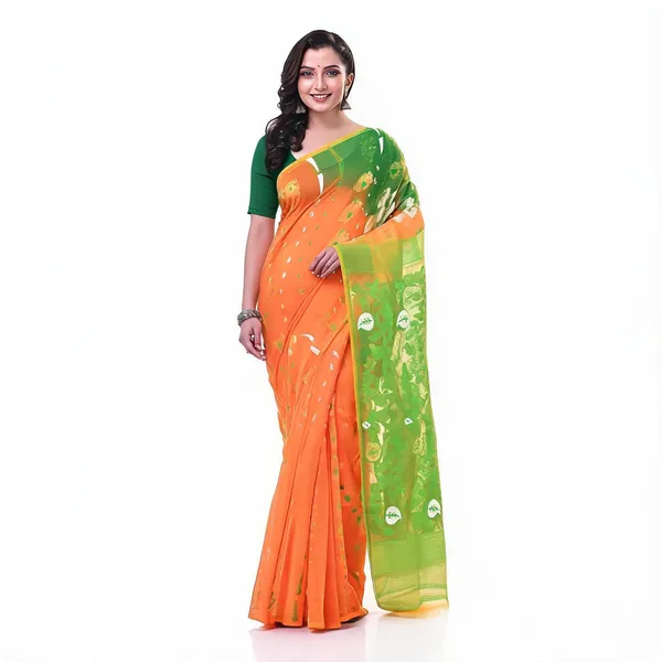 Orange_Green_Cotton_Floral_Dhakai_Jamdani_Saree_For_Women