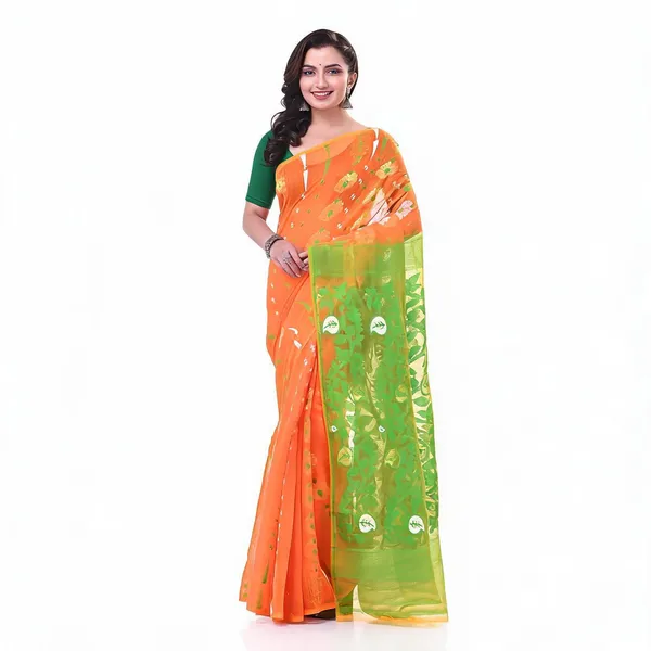 Orange_Green_Cotton_Floral_Dhakai_Jamdani_Saree_For_Women