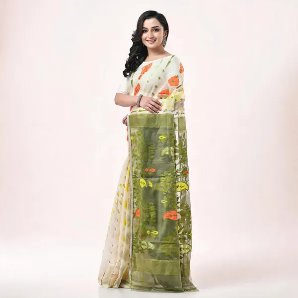 White_Green_Cotton_Floral_Dhakai_Jamdani_Saree_For_Women