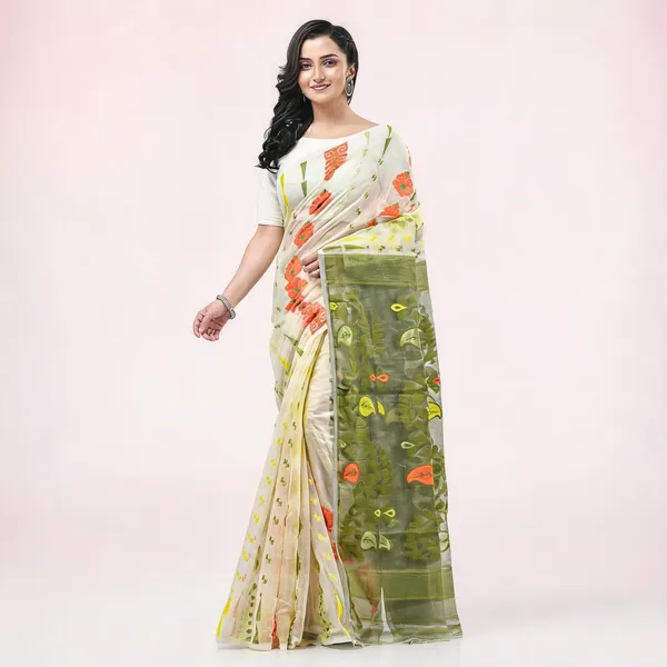 White_Green_Cotton_Floral_Dhakai_Jamdani_Saree_For_Women
