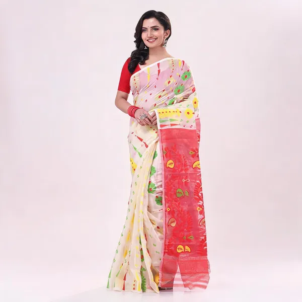 White_Red_Cotton_Floral_Dhakai_Jamdani_Saree_For_Women