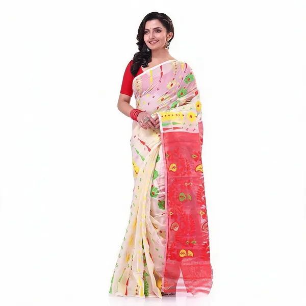 White_Red_Cotton_Floral_Dhakai_Jamdani_Saree_For_Women