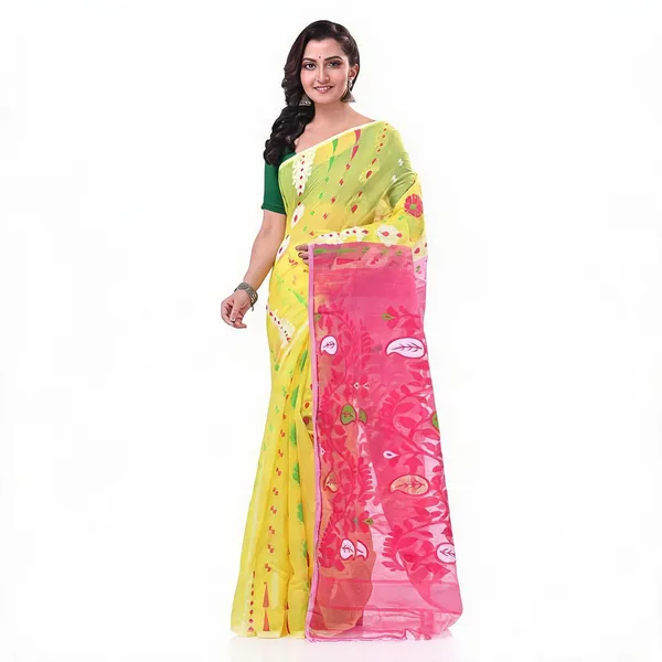 Yellow_Pink_Cotton_Floral_Dhakai_Jamdani_Saree_For_Women