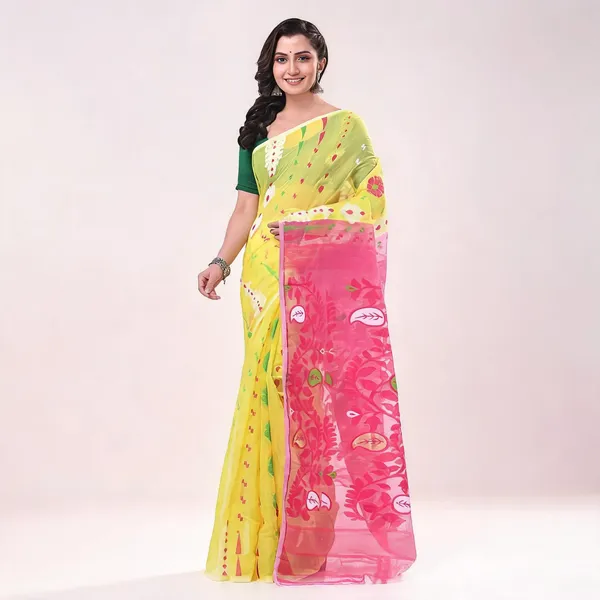 Yellow_Pink_Cotton_Floral_Dhakai_Jamdani_Saree_For_Women