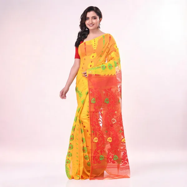 Yellow_Orange_Cotton_Floral_Jamdani_Saree_For_Women