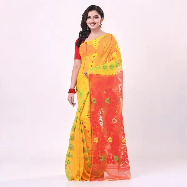 Yellow_Orange_Cotton_Floral_Jamdani_Saree_For_Women