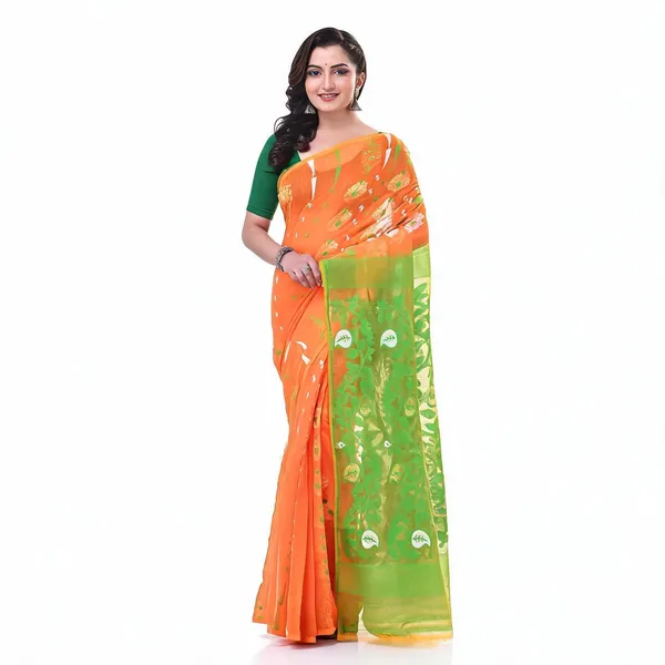 Orange_Green_Cotton_Floral_Dhakai_Jamdani_Saree_For_Women