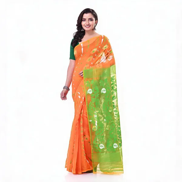 Orange_Green_Cotton_Floral_Dhakai_Jamdani_Saree_For_Women