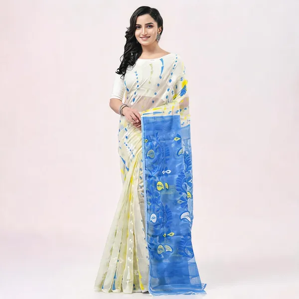 White_Blue_Cotton_Floral_Dhakai_Jamdani_Saree_For_Women