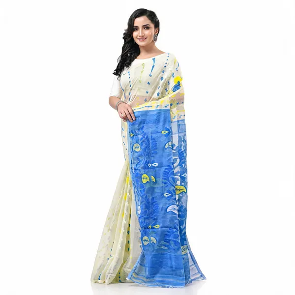 White_Blue_Cotton_Floral_Dhakai_Jamdani_Saree_For_Women