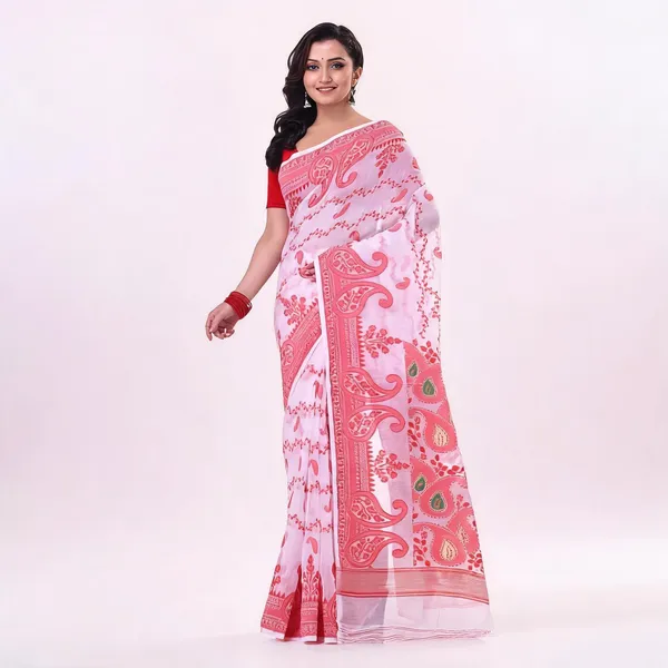 Red_White_Cotton_Woven_Jamdani_Floral_Saree_For_Women
