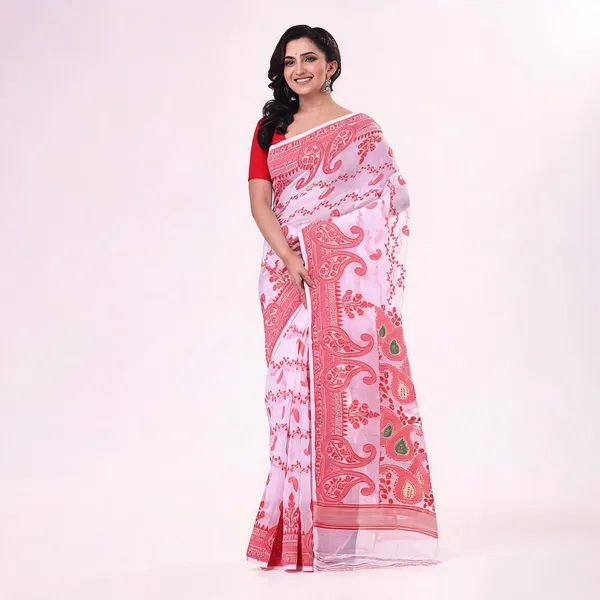 Red_White_Cotton_Woven_Jamdani_Floral_Saree_For_Women