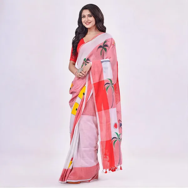 White_Red_Cotton_Handloom_Saree_With_Blouse_Piece_For_Women