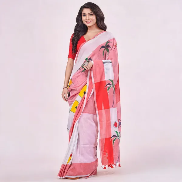 White_Red_Cotton_Handloom_Saree_With_Blouse_Piece_For_Women