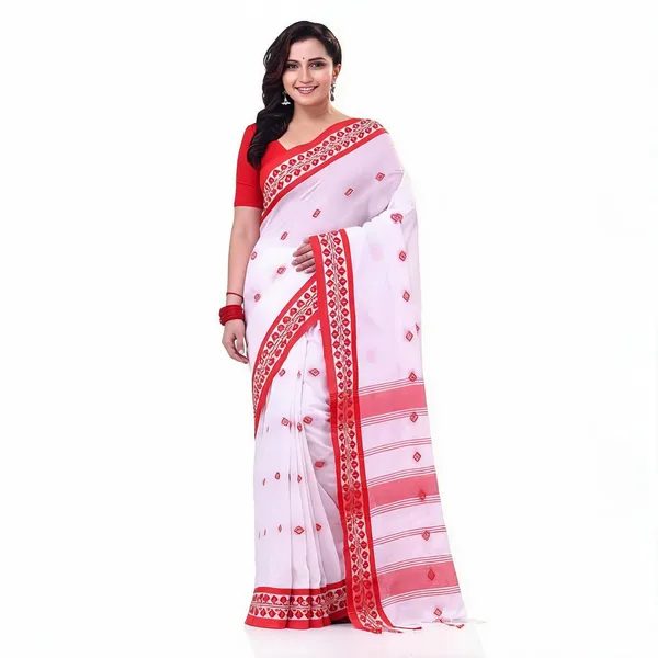 White_Red_Cotton_Handloom_Saree_With_Blouse_Piece_For_Women