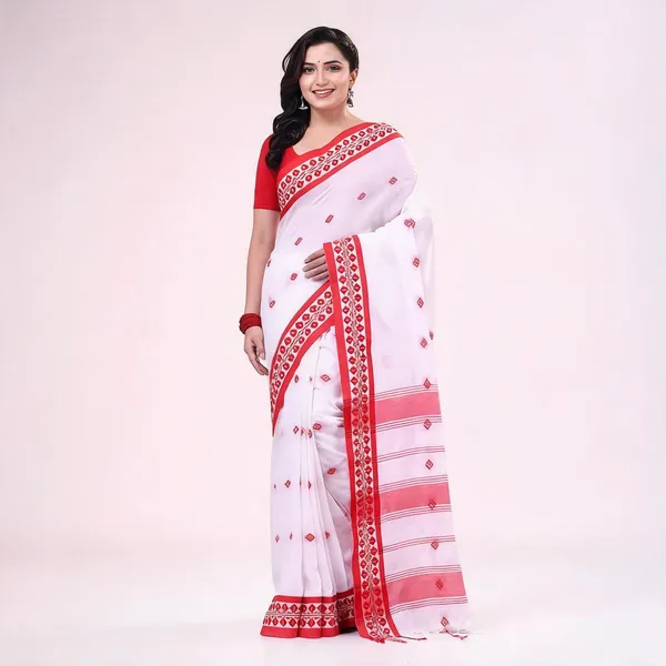 White_Red_Cotton_Handloom_Saree_With_Blouse_Piece_For_Women