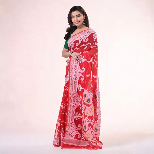 Red_Cotton_Floral_Woven_Dhakai_Jamdani_Saree_For_Women