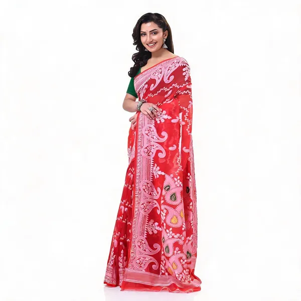 Red_Cotton_Floral_Woven_Dhakai_Jamdani_Saree_For_Women