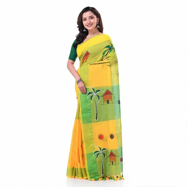 Yellow_Green_Cotton_Handloom_Floral_Traditional_Saree_With_Blouse_For_Women