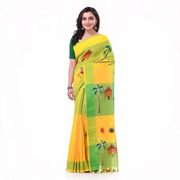 Yellow_Green_Cotton_Handloom_Floral_Traditional_Saree_With_Blouse_For_Women