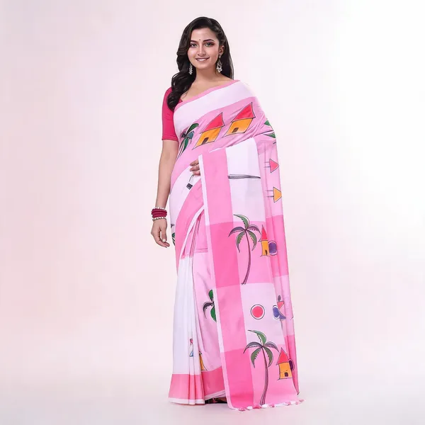 Pink_White_Cotton_Woven_Floral_Saree_With_Blouse_Piece_For_Women