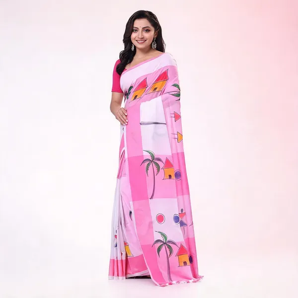 Pink_White_Cotton_Woven_Floral_Saree_With_Blouse_Piece_For_Women