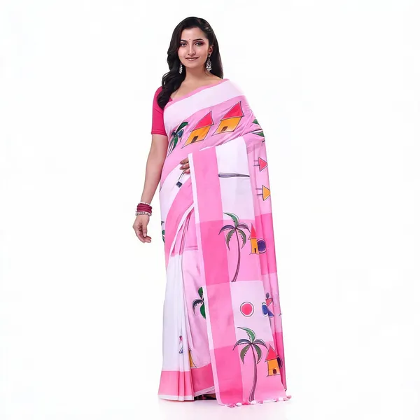 Pink_White_Cotton_Handloom_Tribal_Art_Saree_With_Blouse_Piece_For_Women