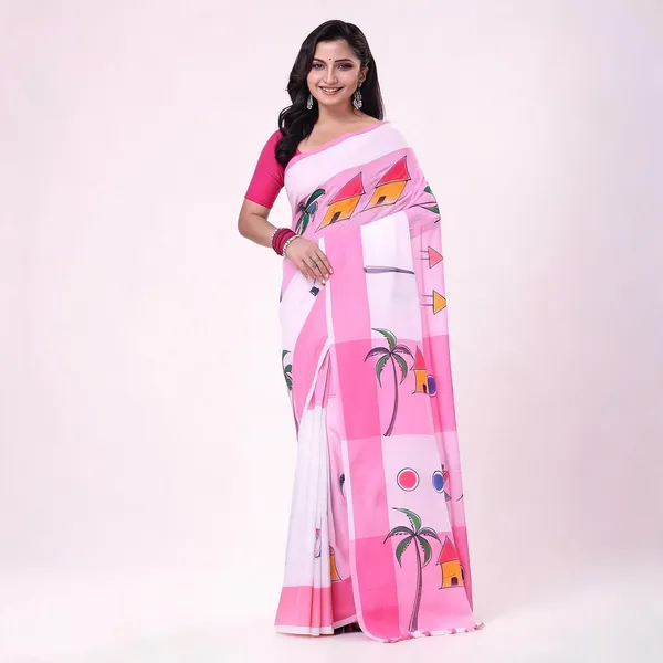 Pink_White_Cotton_Handloom_Tribal_Art_Saree_With_Blouse_Piece_For_Women