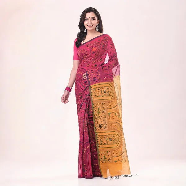 Pink_Yellow_Cotton_Handloom_Woven_Saree_With_Blouse_Piece_For_Women