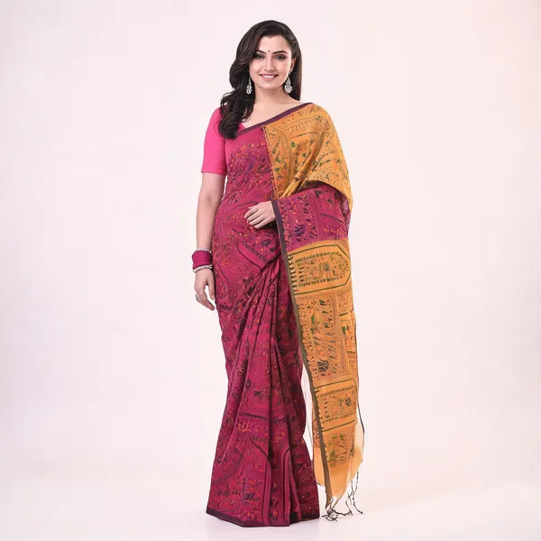 Pink_Yellow_Cotton_Handloom_Woven_Saree_With_Blouse_Piece_For_Women