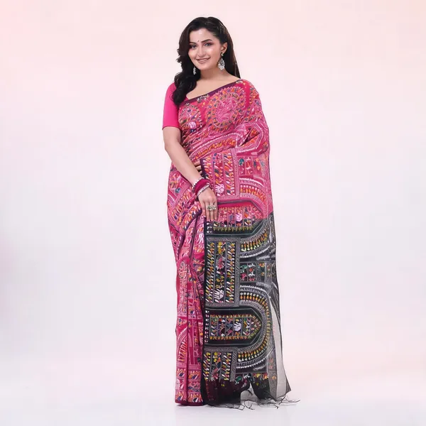 Pink_Black_Cotton_Handloom_Woven_Saree_With_Blouse_Piece_For_Women
