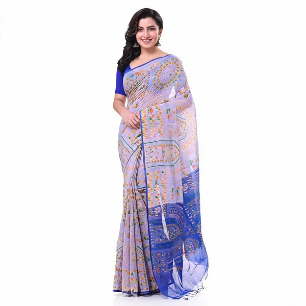 White_Blue_Cotton_Handloom_Woven_Saree_With_Blouse_Piece_For_Women
